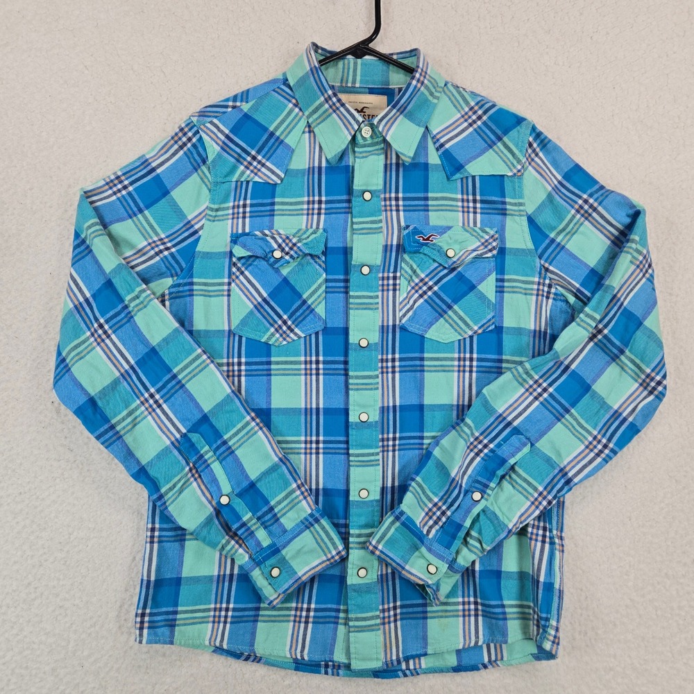 Hollister Mens Plaid Flannel Shirt Large Western Snap Coastal Surf Blue Teal